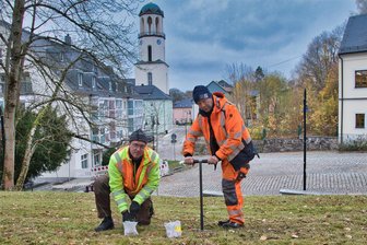 Wie Auerbach jetzt schon für einen bunten Frühling in der Stadt sorgt - Kai Seltmann und Marcus Möckel vom Auerbacher Bauhof bringen am Schlosshang Blumenzwiebeln in die Erde.