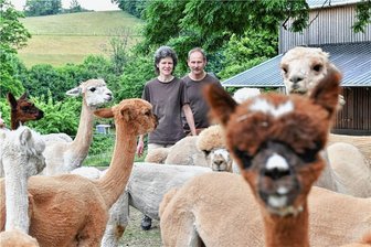 Wie aus einem historischen Hof bei Frauenstein ein Kleinod wurde, auf dem auch neugierige Vierbeiner leben - Martina und Matthias Hofmann auf ihrem Drei-Seiten-Hof mit einem Teil der Alpaka-Herde.