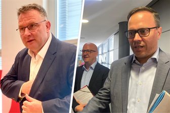 Wie es in Sachsen nach der Landtagswahl weitergeht: Erste Fraktionschefs im Amt bestätigt - Frisch als Fraktionschefs wiedergewählt: Christian Hartmann (CDU) und Dirk Panter (SPD/rechts), im Bild mit SPD-Landeschef Henning Homann.