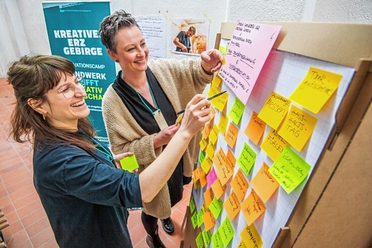Wie Handwerker und Kreative ihre Kräfte bündeln - Beim Innovationscamp "Handwerk trifft Kreativwirtschaft" wurden Lösungen für Unternehmen erarbeitet. Im Bild sind Annett Löser (links) und Anne Krauß, die Leiterinnen des Projekts. 