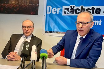 Wie sich die AfD Sachsen gegen die Einstufung als rechtsextrem wehrt - Pressekonferenz vor Pegida-Wandbild: Sachsens AfD-Landesvorsitzender Jörg Urban (rechts) und der Landtagsabgeordnete und Parteijurist Joachim Keiler.