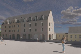 Wie zwei Studentinnen das historische Brandschutzamt in Plauen umkrempeln wollen - Außenansicht des Entwurfs von Architekturstudentin Sophie Koffon aus Bremen zur Neugestaltung des Alten Brandschutzamtes in Plauen: Links der Altbau, rechts der ergänzende Neubau.