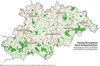 Wird die Stadt Pockau-Lengefeld künftig von Windrädern umzingelt? - Raumordnungsplan Wind Südwestsachsen: Eingetragen sind die Suchflächen bei 1000 Meter Abstand zu Siedlungen. Dieses Kriterium hat der Verband für die potenziellen Flächen für Windräder aufgestellt.