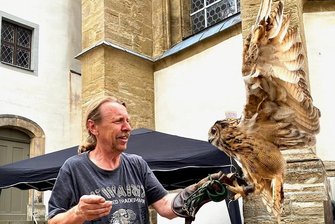 Wo die Vögel Frodo und Gimli heißen: Station in Langenau gibt Wildvögeln eine zweite Chance - Peter Jäkel von Wildvogelpflege Mittelsachsen in Langenau war mit einem Uhu beim Freiberger Bergstadtfest am Wochenende dabei.