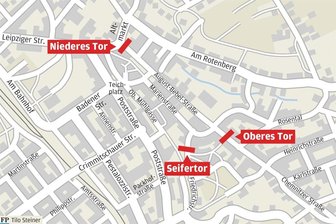 Wo in Meerane die Stadttore standen - Die Lage der einstigen Stadttore von Meerane.