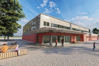 Wunschprojekt Sporthalle Niederwiesa: Rohbau ist bald fertig - So soll die neue Halle in Niederwiesa einmal aussehen. Läuft alles wie geplant, ist sie Ende 2023 fertig.