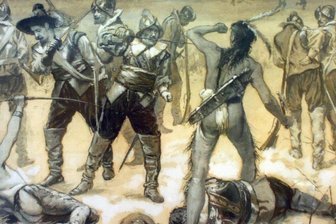 Wurden die Ureinwohner Nordamerikas ebenfalls versklavt? - Die britischen Siedler verloren nach dem Einzug in die Neue Welt schnell ihre Unschuld gegenüber den Einheimischen: Der Pequot-Krieg 1636, hier eine Darstellung aus dem 19. Jahrhundert, gilt als erste bewaffnete Auseinandersetzung der Europäer mit den amerikanischen Ureinwohnern. 