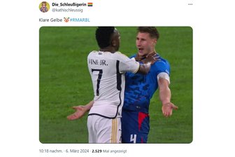 Wut, Sarkasmus und Alpaka-Babys: So reagiert das Netz auf Schiri-Entscheidungen bei RB-Leipzig-Aus gegen Real Madrid - Eine Szene zwischen Real-Stürmer Vinicius Jr. (links) und RB-Leipzig-Kapitän Willi Orban erhitzt die Gemüter auf Twitter.