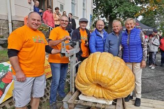 XXL-Kürbis auf Stollberger Bauernmarkt: Gigant wiegt 163 Kilo - Genau 163 kg schwer war das Prachtstück.An manschen heißen Tagen mussten mehrere 100 Liter Wasser gegossen werden.