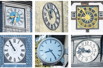 Sie zeigen seit Sonntag die Sommerzeit an: die Uhren des Rathauses Schlettau, der Sankt Jacobikirche Stollberg, der Hüttenschänke in Olbernhau, der Oberschule in Zschorlau, des Bahnhofes in Schlettau und des Ratskellers in Schwarzenberg (von links oben nach rechts unten).