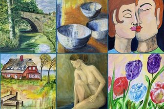 Zollhausbrücke Bieberstein: Künstler helfen Rettern - Eine Auswahl der Kunstwerke im Uhrzeigersinn: "Brücke über die kleine Triebisch bei Rothschönberg" von Brigitte Naumann, "Schalen" von Andrea Butze, "Der Kuss" von Brigitte Naumann, "An der Ostsee" von Karin Lautenschläger, "Akt" von Urda Fabig und "Tulpen" von Karin Lautenschläger. 
