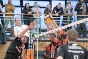 Zschopaus Volleyballer verabschieden sich vorerst aus dem Titelrennen der Regionalliga Ost - Trotz ordentlicher Blockarbeit mussten sich die Zschopauer (rechts) im letzten Spiel des Jahres geschlagen geben. Foto: Ingo Heinemann