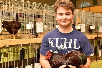 Züchter stellen sich "besonderen Bedingungen" - In der Vogtlandsporthalle Oelsnitz stellten Züchter Rassekaninchen und Rassegeflügel aus. Dazu gehörte auch Pascal Krauß aus Eichigt, der mit seinen Zwerg-Wyandotten rot zweiter Jugendkreisverbandsmeister in der Abteilung Geflügel wurde. 