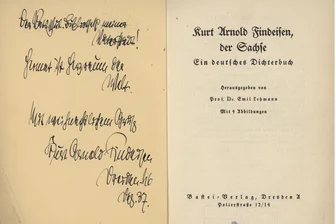 Zum 140. Geburtstag von Kurt Arnold Findeisen aus Zwickau, Autor des „Goldenen Weihnachtsbuches“ - Im Besitz der Ratsschulbiliothek Zwickau: ein Buch mit der Widmung „Der Ratsschulbibliothek meiner Vaterstadt! Heimat ist Herzraum der Welt. Mit weihnachtlichem Gruß Kurt Arnold Findeisen, Dresden Dez. 37“.