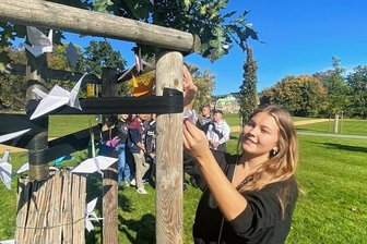 Zum Geburtstag von NSU-Opfer Michèle Kiesewetter: Zwickauer Schüler übernehmen Patenschaft für Gedenkbaum - Schülerin Naemi Schebitz (16) hängt im Schwanenteichpark einen Kranich aus Papier am Gedenkbaum für das NSU-Opfer Michèle Kiesewetter auf. 