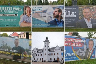 Zahlreiche Großaufsteller künden vom OB-Wahlkampf in Freiberg (oben v.l.) Steve Ittershagen, Stefan Krinke, Phillip Preißler, Christian Pudack (unten, l.), Jens Uhlemann (unten r.).