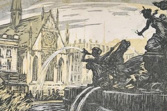Zur Erinnerung an einen Künstler: "Er ist nicht vergessen!" - Der undatierte Farbholzschnitt zeigt den Leipziger Augustusplatz. Im Hintergrund die in der DDR beseitigte Universitätskirche.