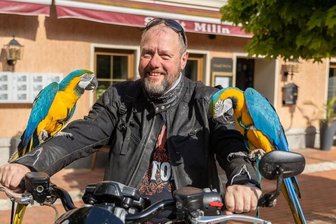 Zwei Aras rocken Mylau - Andy Lösche mit seinen Papageien Lola und Luca.