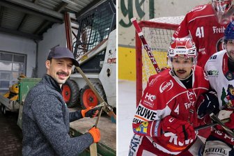 Zwischen Eispiraten Crimmitschau und Handwerksbetrieb: Wie Felix Thomas sein Doppelleben meistert - Felix Thomas in der Doppelrolle: Links in der Werkstatt der Firma SIS Scholz in Neukirchen und rechts im Trikot der Eispiraten Crimmitschau.