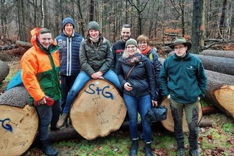Zwotaer Fichte ist wertvollster Stamm aus dem Vogtland - Umringt von Kollegen aus dem Forstbezirk Adorf sitzt Christina Strobel, Leiterin des Holzbüros, auf Sachsens wertvollstem Fichtenstamm, gefällt im Zwotaer Hüttenbachtal.